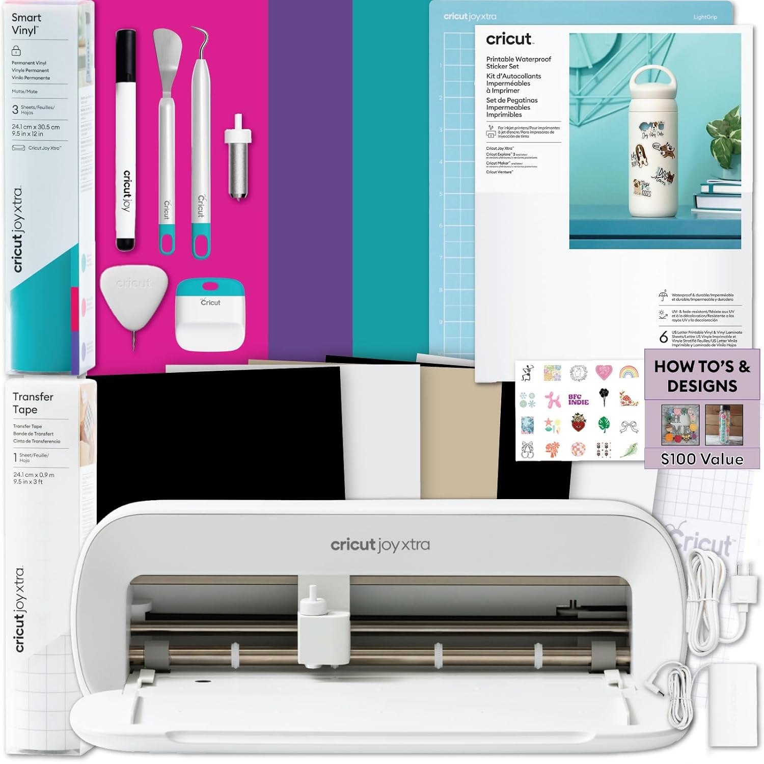 Cricut Joy Xtra Cutting Machine Ultimate Sticker Making Bundle with printable sticker paper and smart vinyl sampler